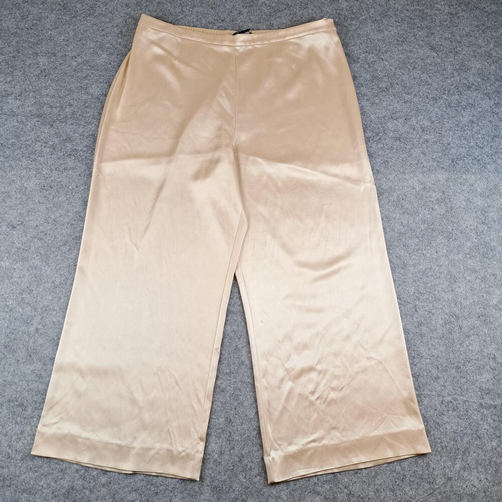 St John Pants Womens 16 Beige Satin Wide Leg Pull On Elastic Waist Career